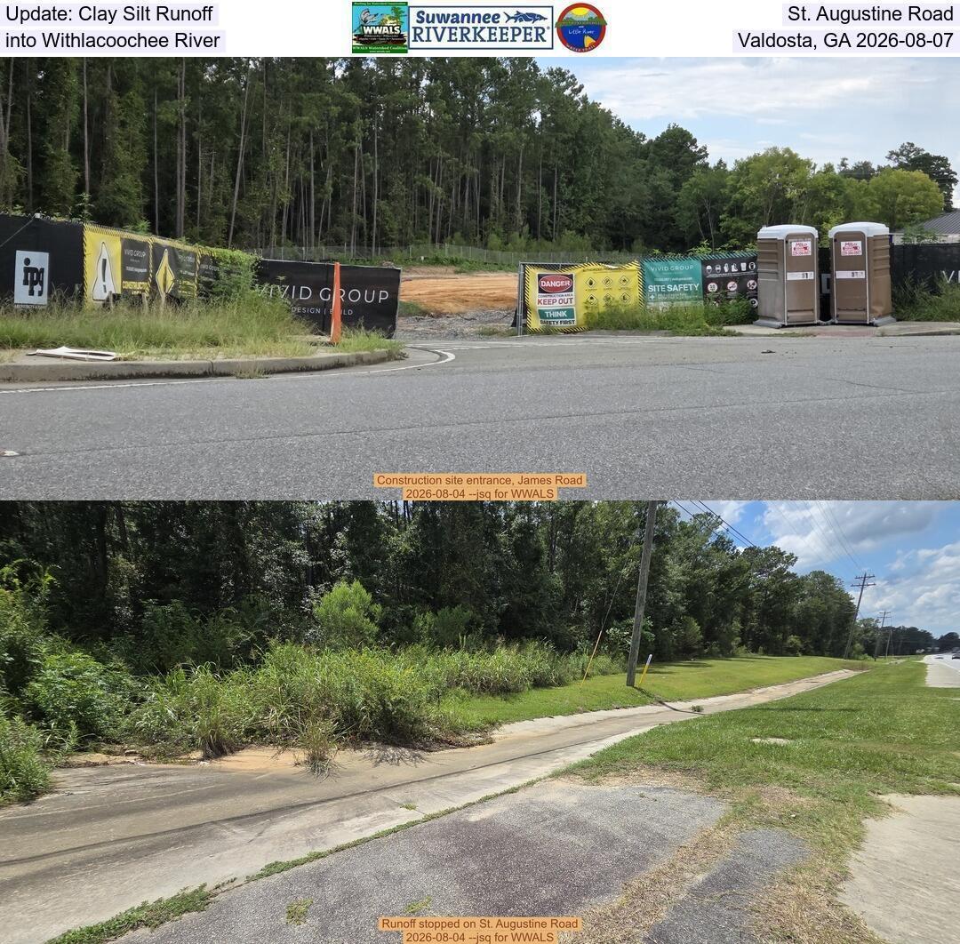 Update: Clay Silt Runoff, St. Augustine Road into Withlacoochee River, Valdosta, GA 2026-08-07