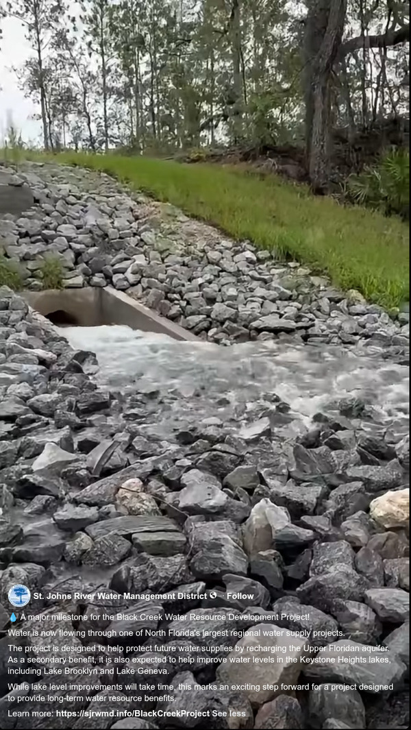 Water into Alligator Creek, 2026-08-07 --SJRWMD facebook reel