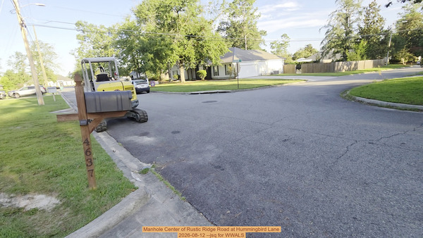 Manhole Center of Rustic Ridge Road at Hummingbird Lane, 2026-08-12 --jsq for WWALS