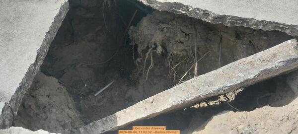 Hole under driveway, 2026-06-04, 11:02:32 --Dennis Norman