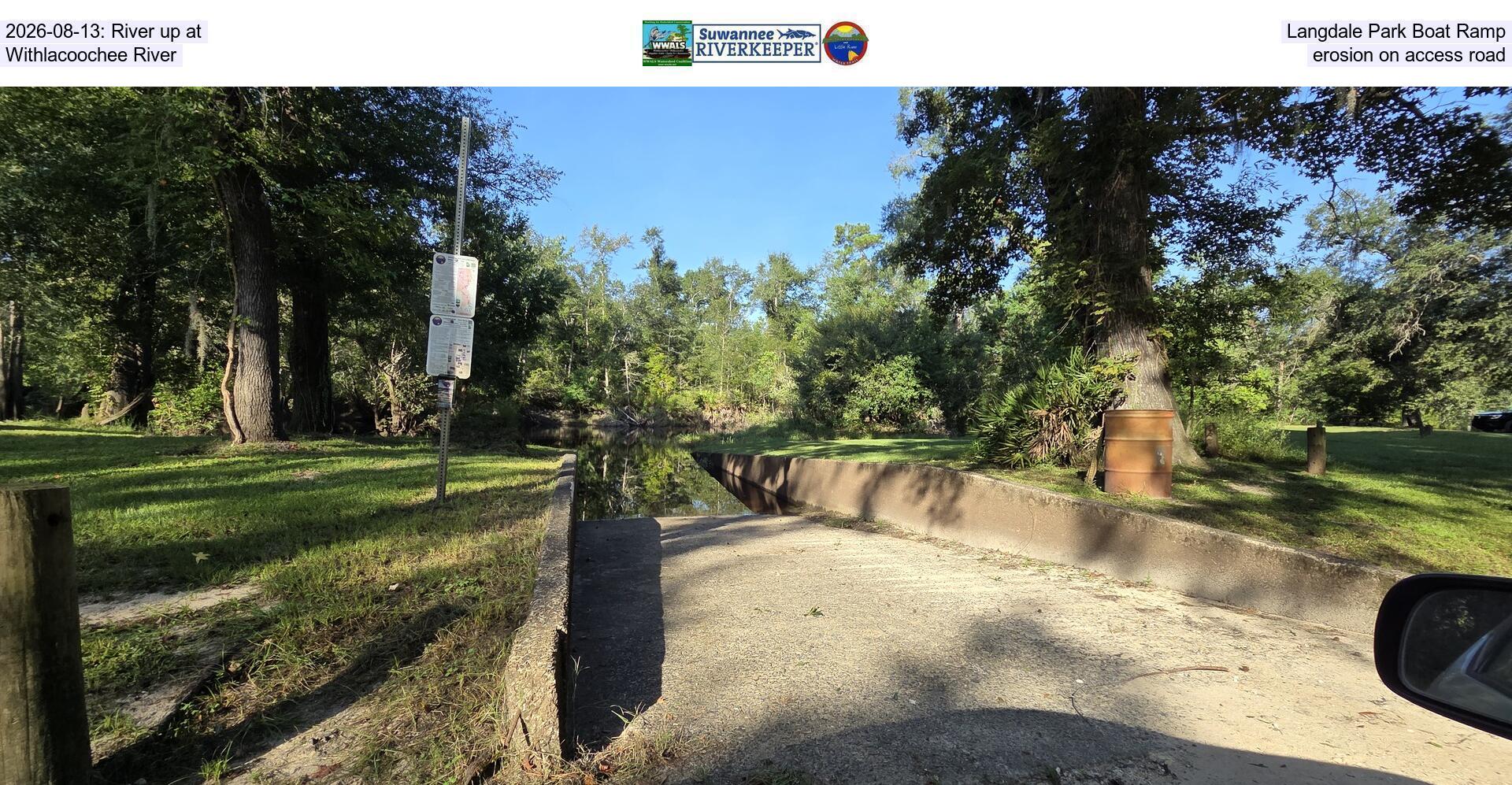 [2026-08-13: River up at Langdale Park Boat Ramp, Withlacoochee River, erosion on access road]
