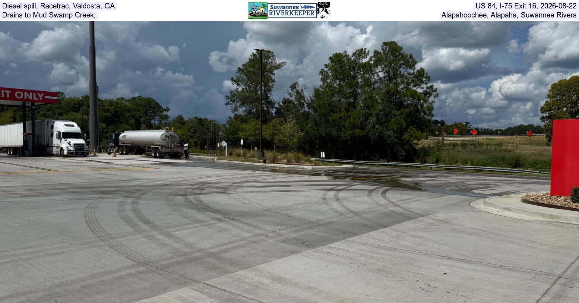 Diesel spill, Racetrac, Valdosta, GA, US 84, I-75 Exit 16, 2026-08-22, Drains to Mud Swamp Creek, Alapahoochee, Alapaha, Suwannee Rivers
