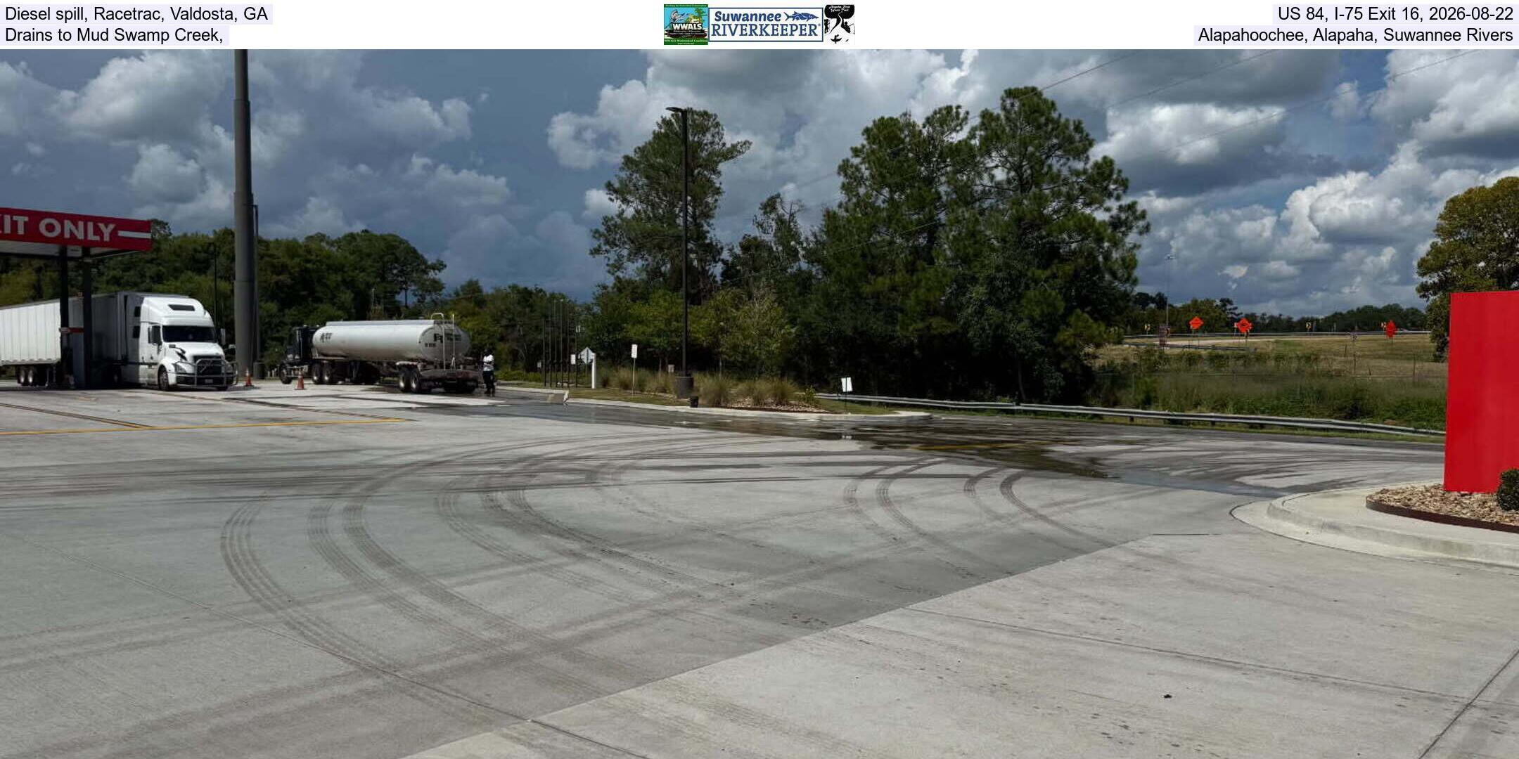 Diesel spill, Racetrac, Valdosta, GA, US 84, I-75 Exit 16, 2026-08-22, Drains to Mud Swamp Creek, Alapahoochee, Alapaha, Suwannee Rivers