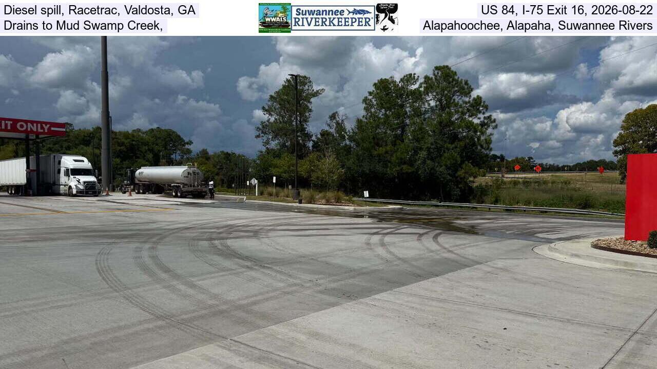 Diesel spill, Racetrac, Valdosta, GA, US 84, I-75 Exit 16, 2026-08-22, Drains to Mud Swamp Creek, Alapahoochee, Alapaha, Suwannee Rivers