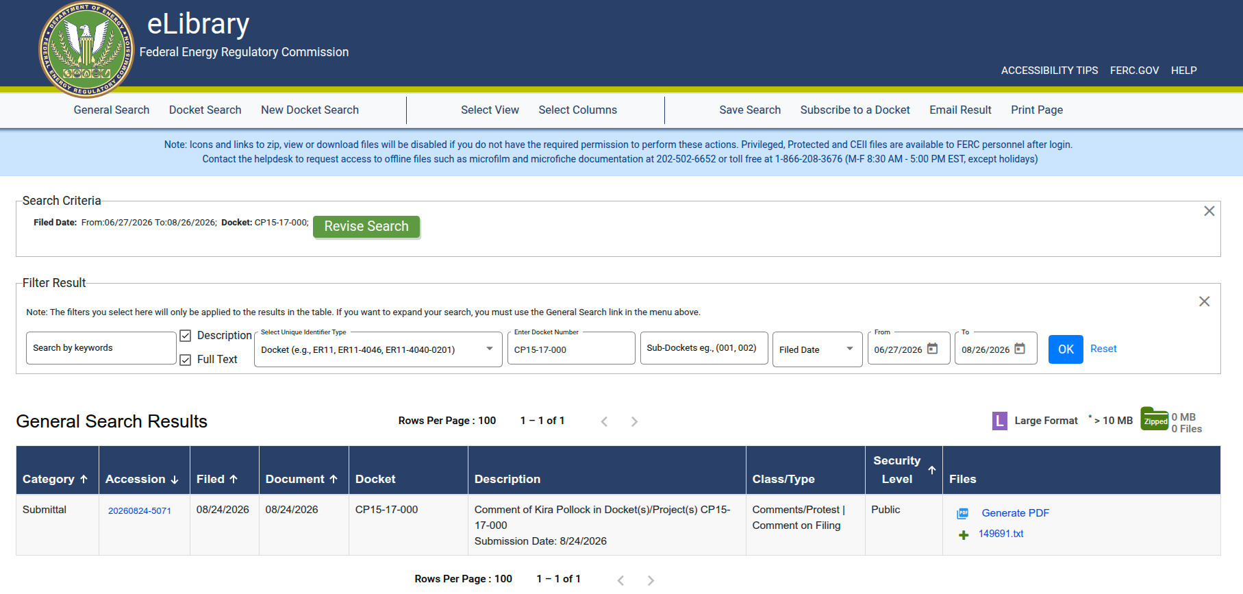 Table: Kira Pollock comment in Docket CP-15-17-000, 2026-08-24 --FERC