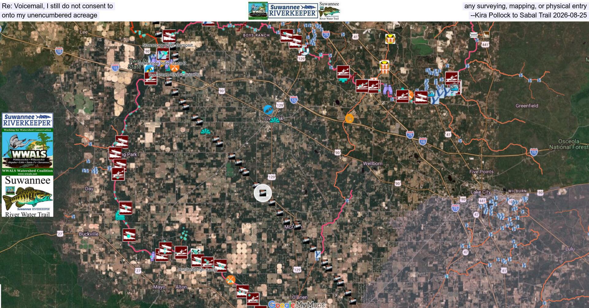 Re: Voicemail, I still do not consent to any surveying, mapping, or physical entry onto my unencumbered acreage --Kira Pollock to Sabal Trail 2026-08-25