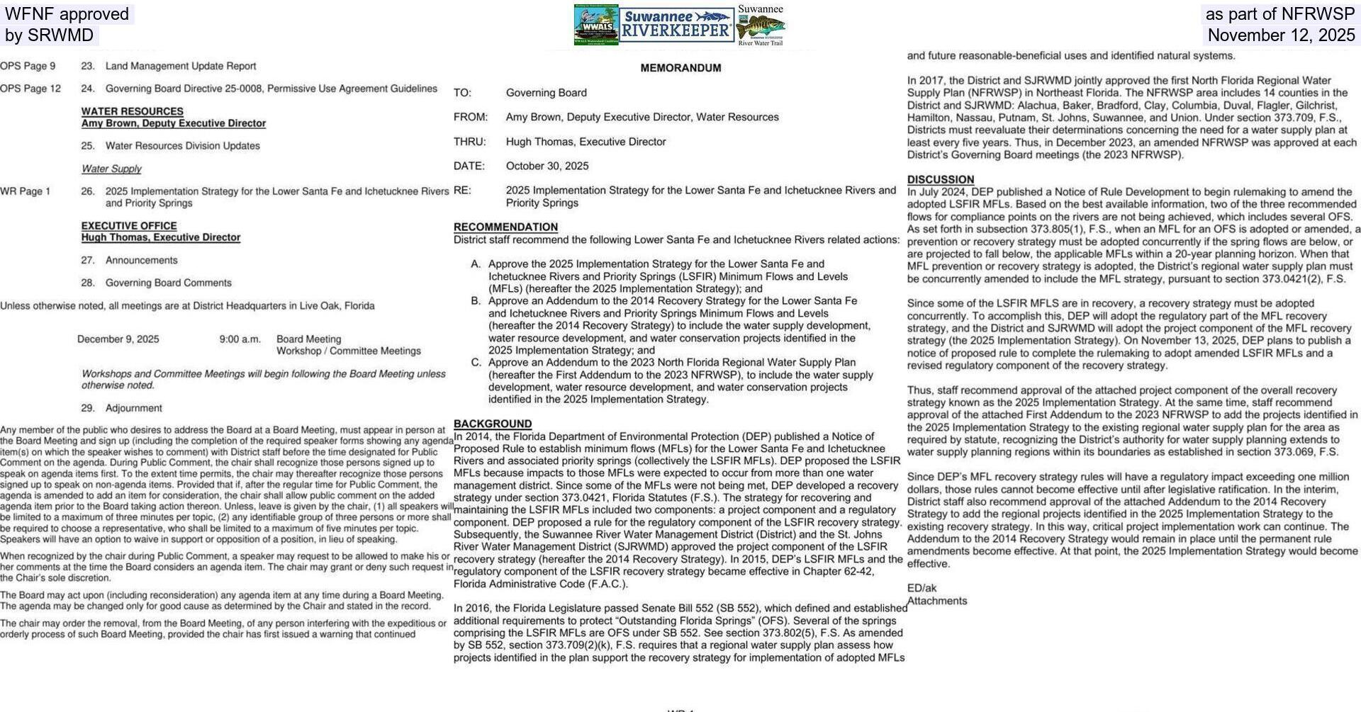WFNF approved as part of NFRWSP by SRWMD, November 12, 2025
