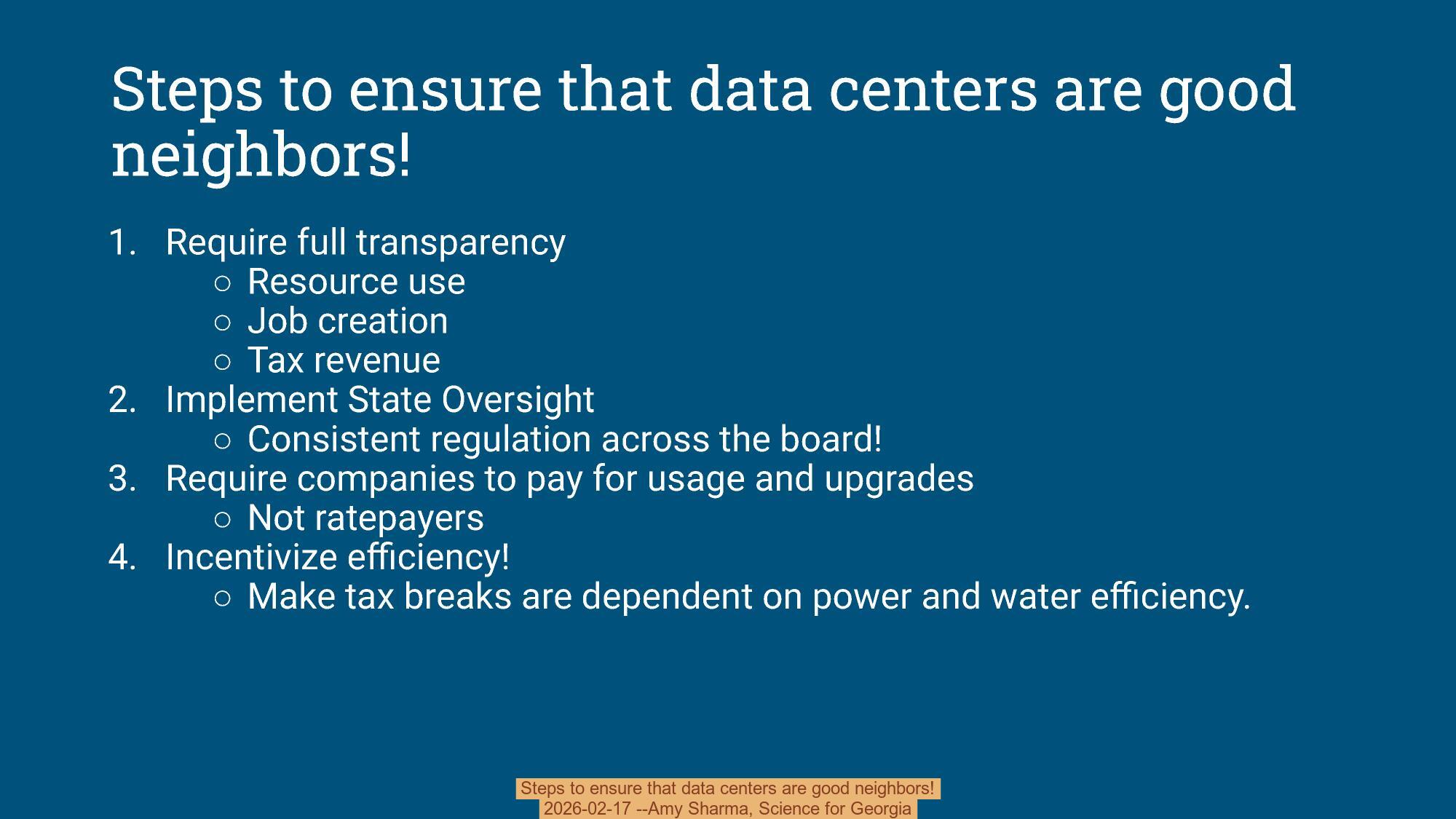 Steps to ensure that data centers are good neighbors!, 2026-02-17 --Amy Sharma, Science for Georgia
