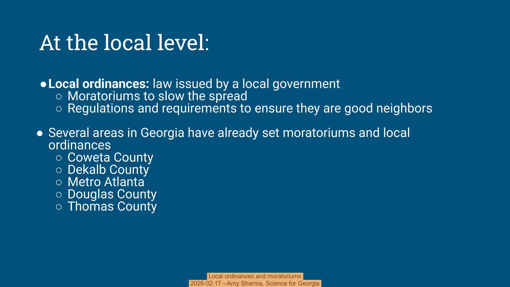 Local ordinances and moratoriums, 2026-02-17 --Amy Sharma, Science for Georgia