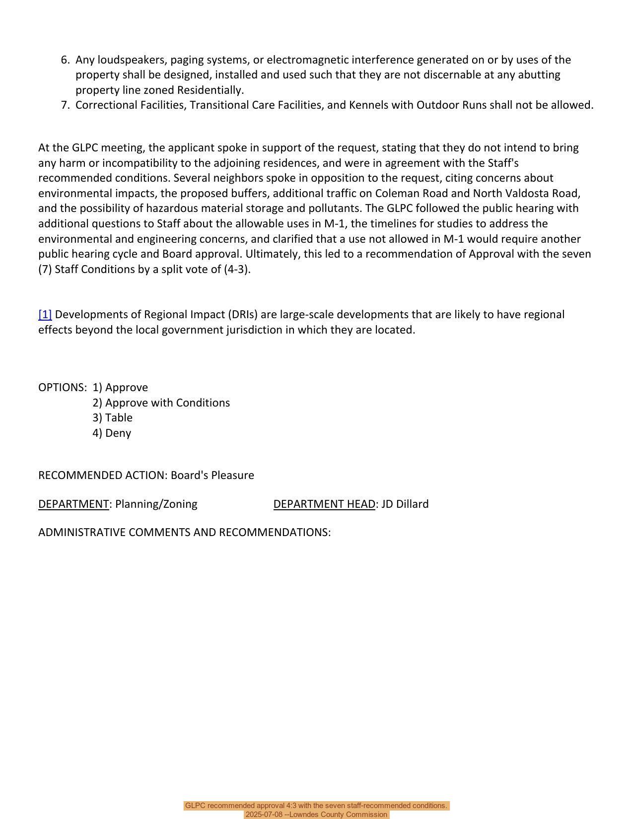 GLPC recommended approval 4:3 with the seven staff-recommended conditions.