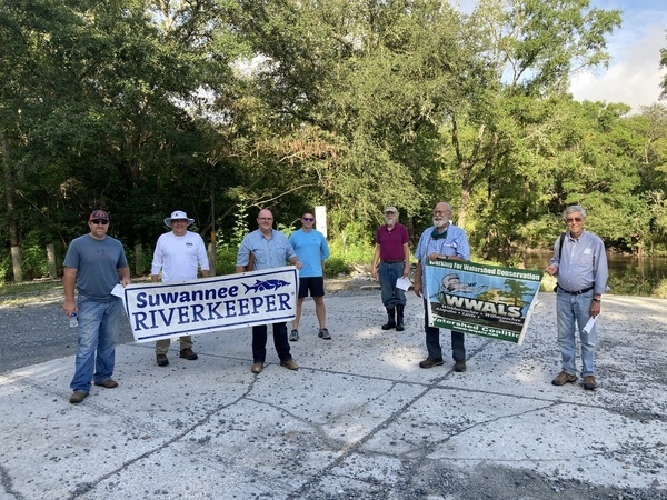 Photo: Gretchen Quarterman, of Chad McLeod (Lowndes County), George Page (VLPRA), Mac McCall (Architect), Jason Scarpate (ASA Engineering), John S. Quarterman (Suwannee Riverkeeper), Tom H. Johnson Jr. (WWALS President), Tom Baird (Archaeologist) at Troupville Boat Ramp