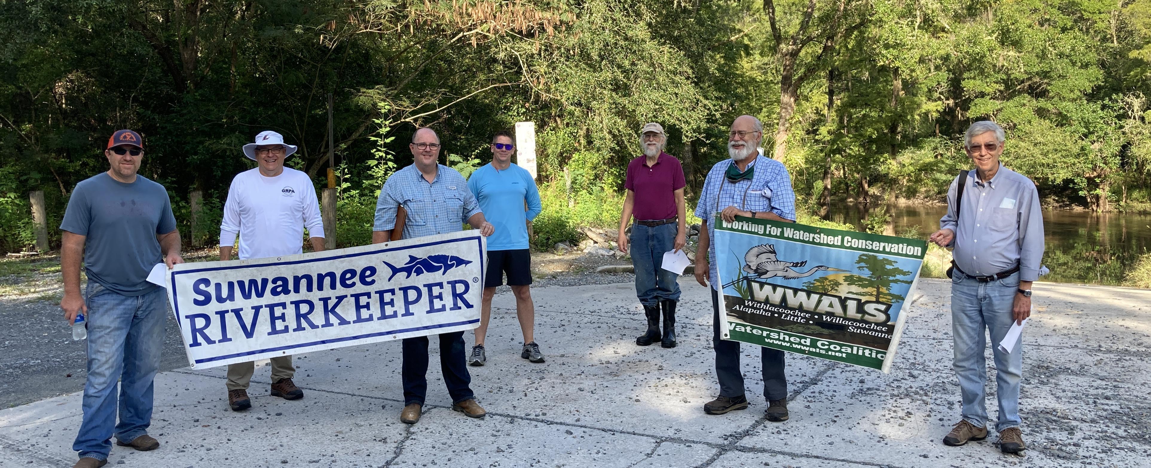 Photo: Gretchen Quarterman, of Chad McLeod (Lowndes County), George Page (VLPRA), Mac McCall (Architect), Jason Scarpate (ASA Engineering), John S. Quarterman (Suwannee Riverkeeper), Tom H. Johnson Jr. (WWALS President), Tom Baird (Archaeologist) at Troupville Boat Ramp