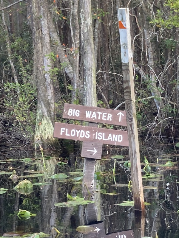 [Sign: Big Water --Gretchen Quarterman, Floyds Island, 2024:11:10 13:16:45, 30.8755222, -82.3025667]