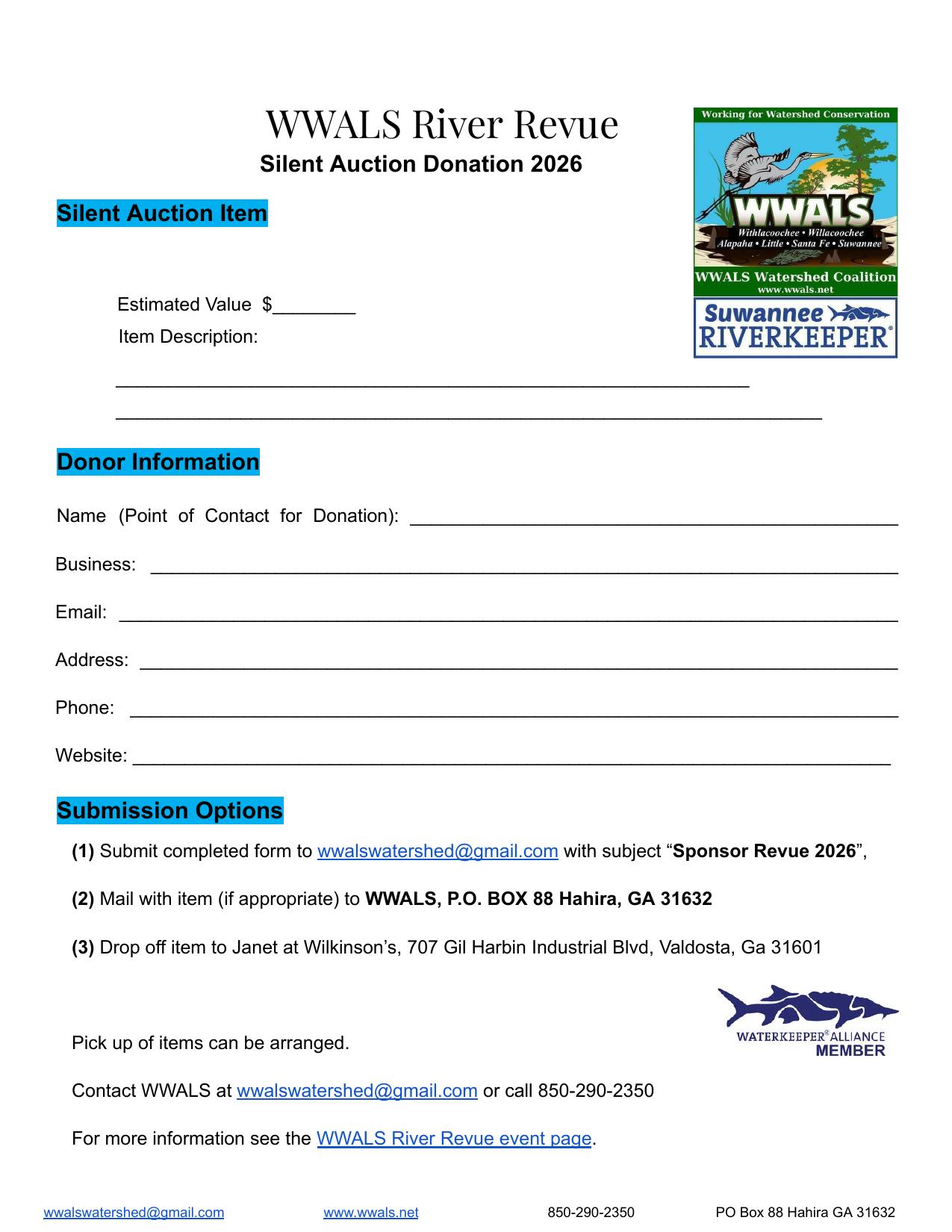 Silent Auction Page 1, 2026-09-12 --WWALS River Revue 2026