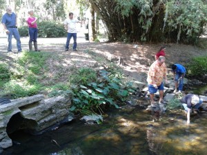 Students getting water from creek for Adopt-A-Stream water quality testing training.