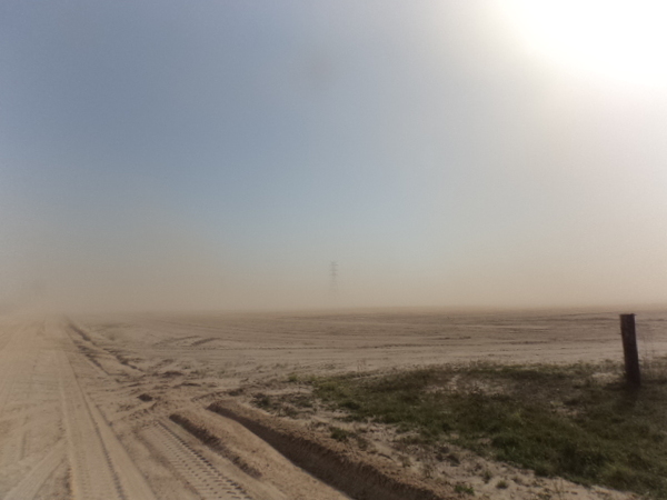 600x450 Low visibility to power line tower, in Dust Storm on Lakeland Sands land in Hamilton County, FL, by John S. Quarterman, for WWALS.net, 25 March 2014