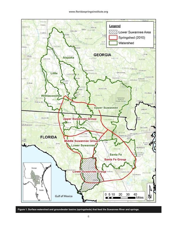 Fig. 1: Surface watershed and groundwater basins (springsheds) that feed the Suwannee River and springs.